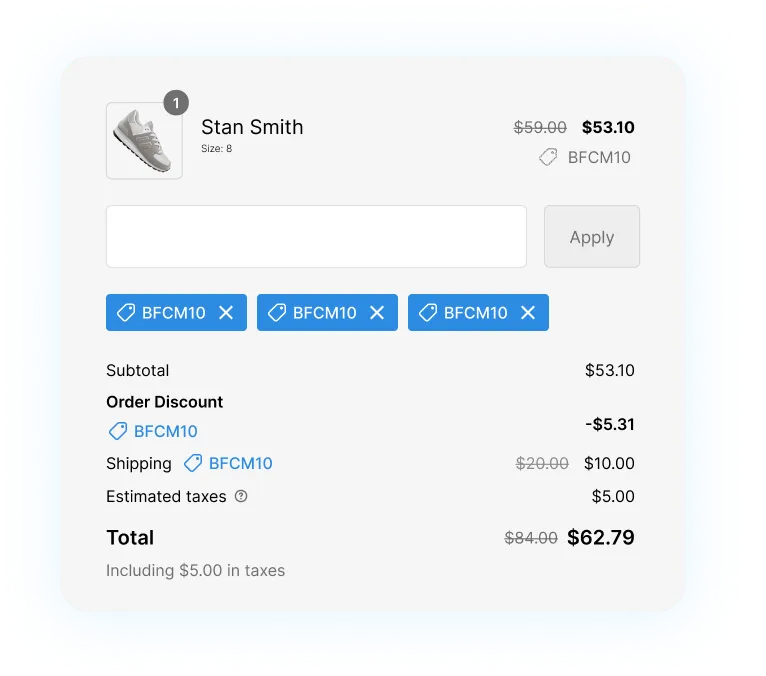 Single code multiple discounts screenshot showing one coupon applied across order discount and shipping.