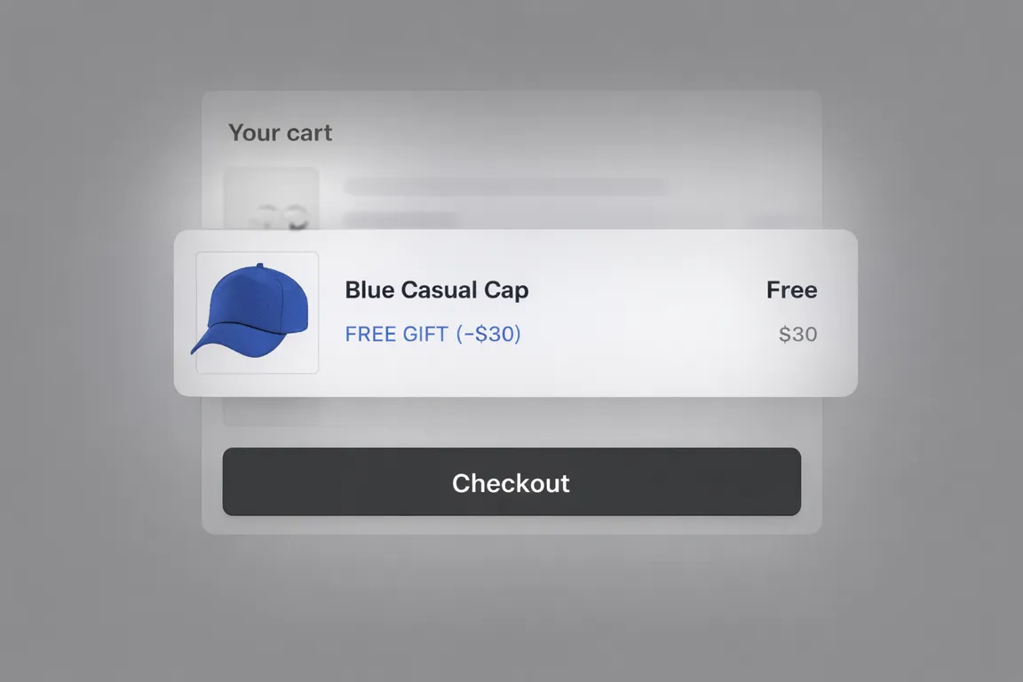 Free gift cart drawer visual showing a gift product card and checkout flow.
