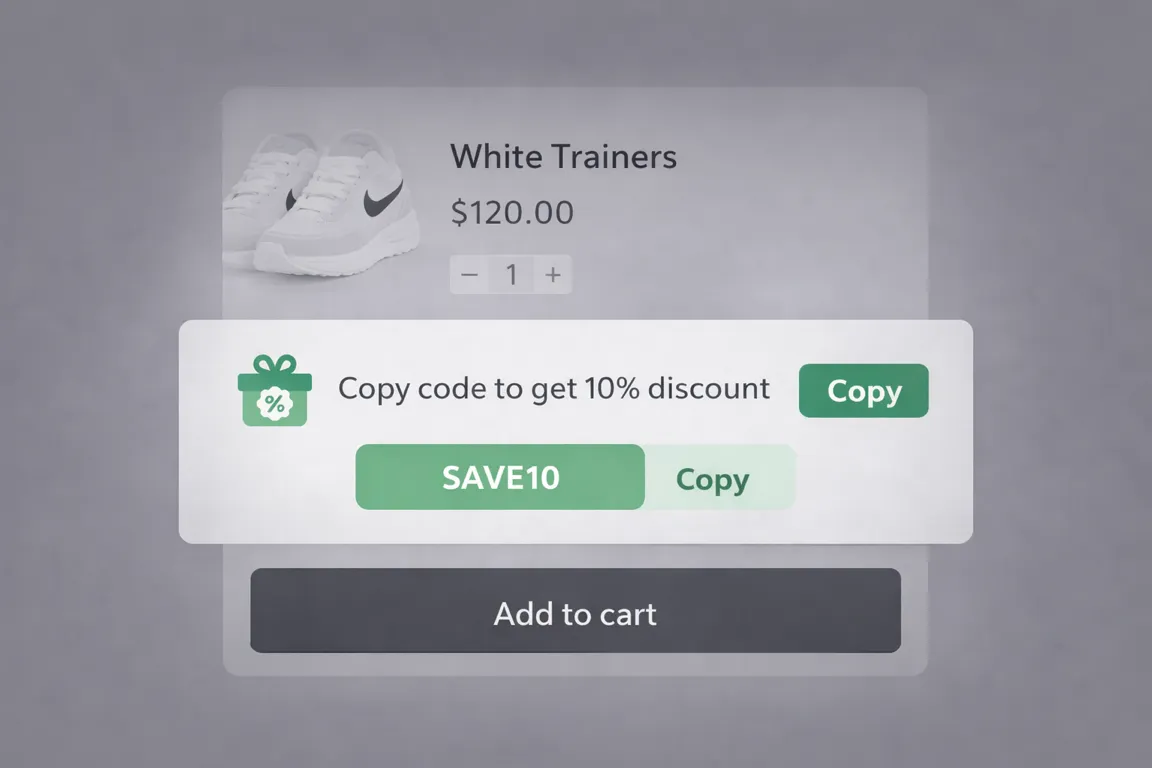 Promo callout visual showing a product page discount code callout.