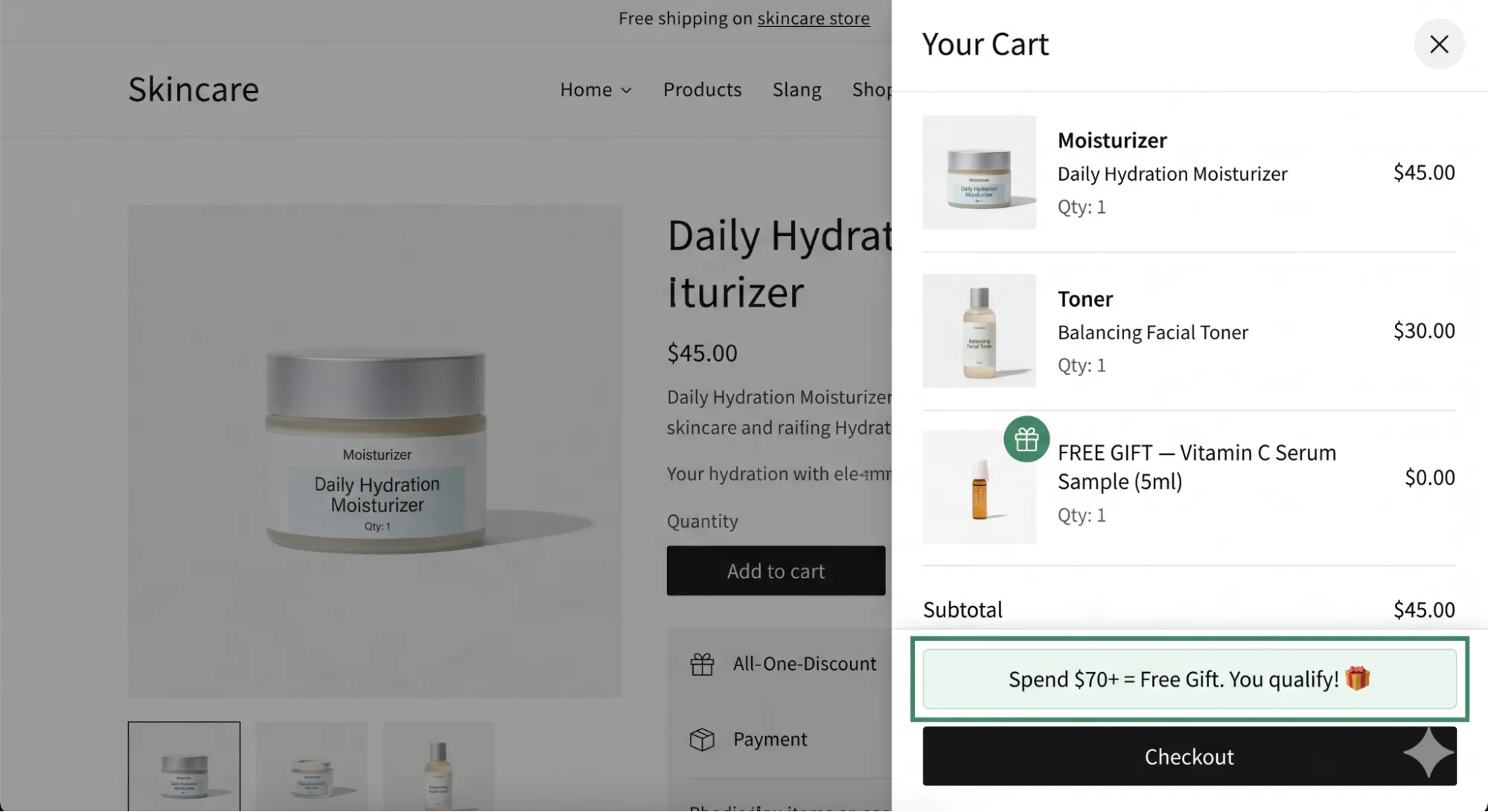 AIOD auto-added free gift in a skincare Shopify cart.
