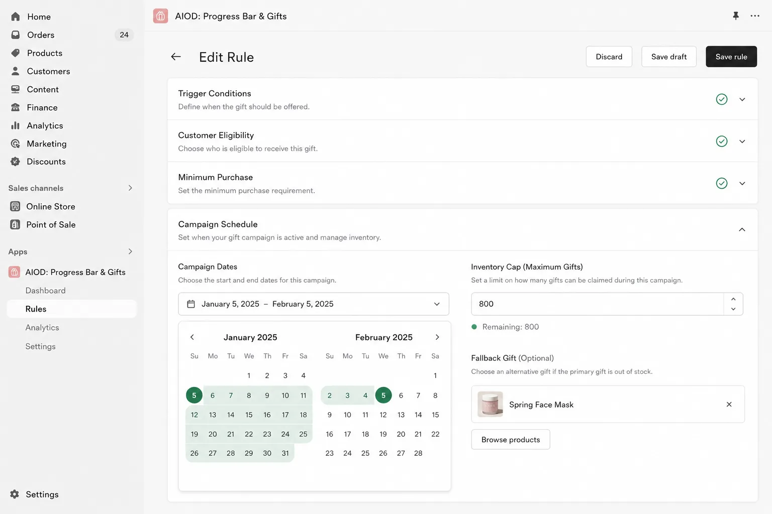 AIOD collection-based gift rule setup in Shopify admin.