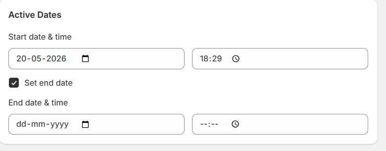 AIOD active dates settings with start date, start time, and optional end date fields for a discount campaign.