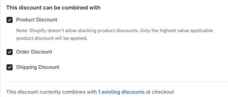 AIOD discount combination settings with product discount, order discount, and shipping discount toggles enabled.