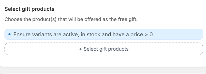 AIOD gift product eligibility note reminding merchants to keep variants active, in stock, and priced above zero.